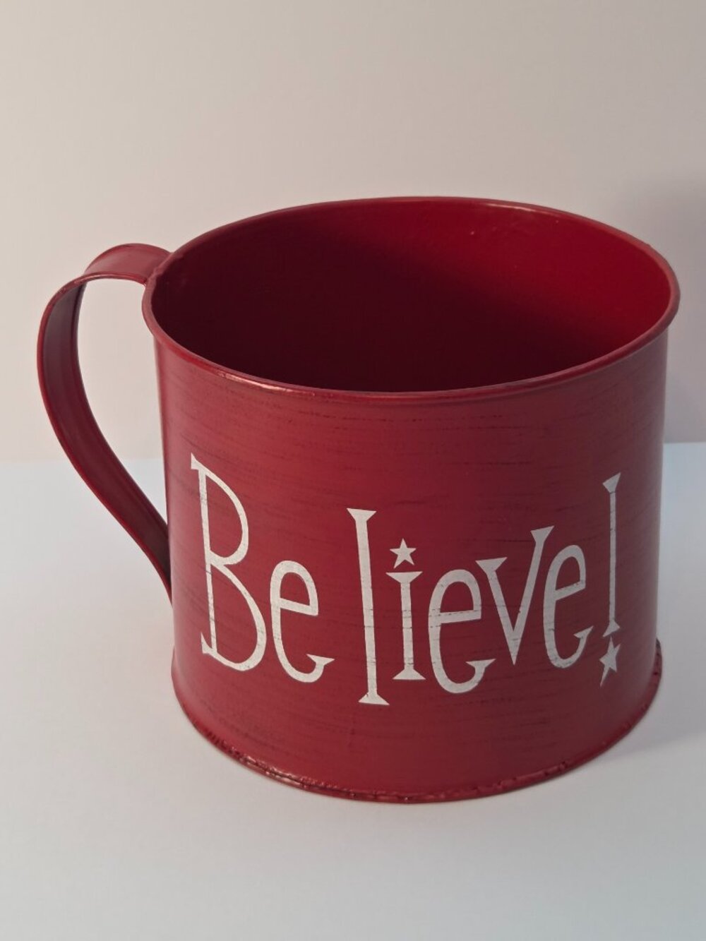 “Believe!” Metal Red and White Holiday Bucket, Like New